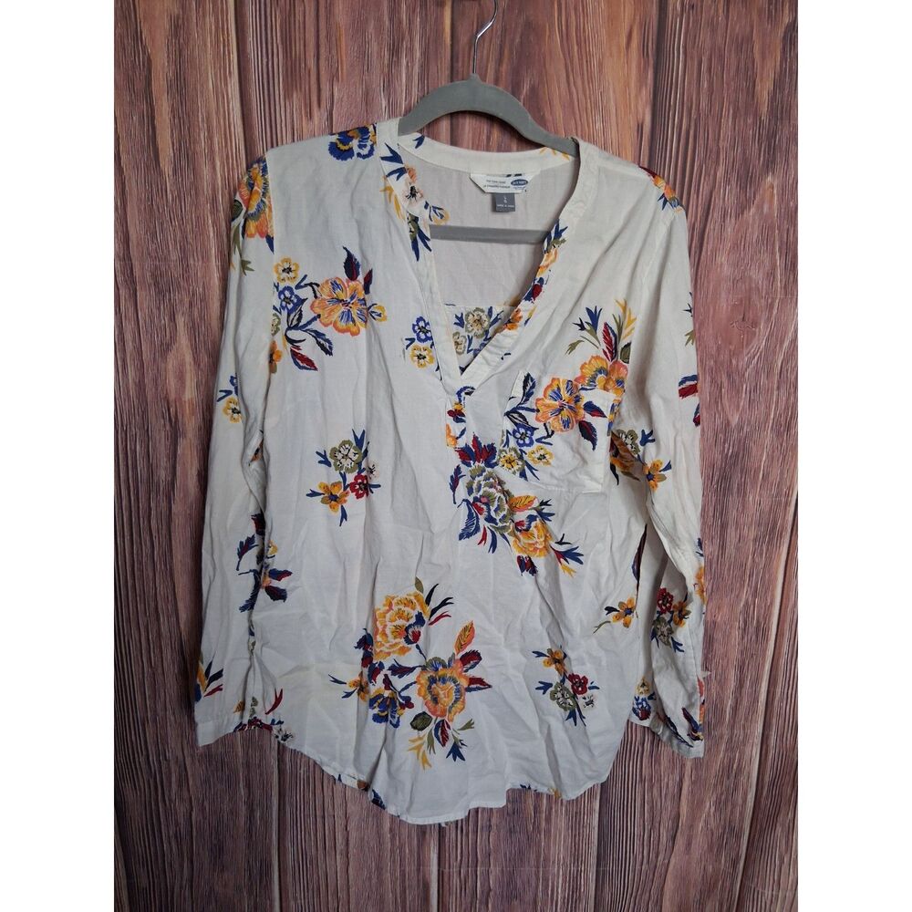 Old Navy Floral Long Sleeve V Neck Tunic Shirt Size L Pocket Blouse Top